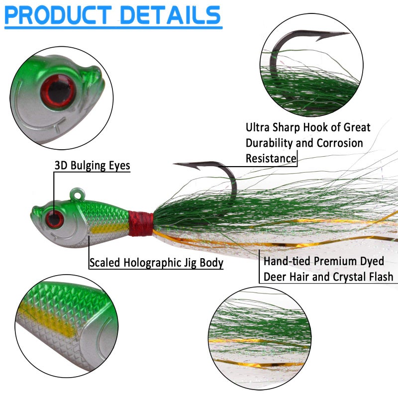 JSHANMEI 5pcs Bucktail Jigs Saltwater Fishing Lures Bucktail Fishing Jigs Surf Fishing Lure Swimbait Jig Heads Hook for Bass Walleye Flounder Striper 2oz - Image 2